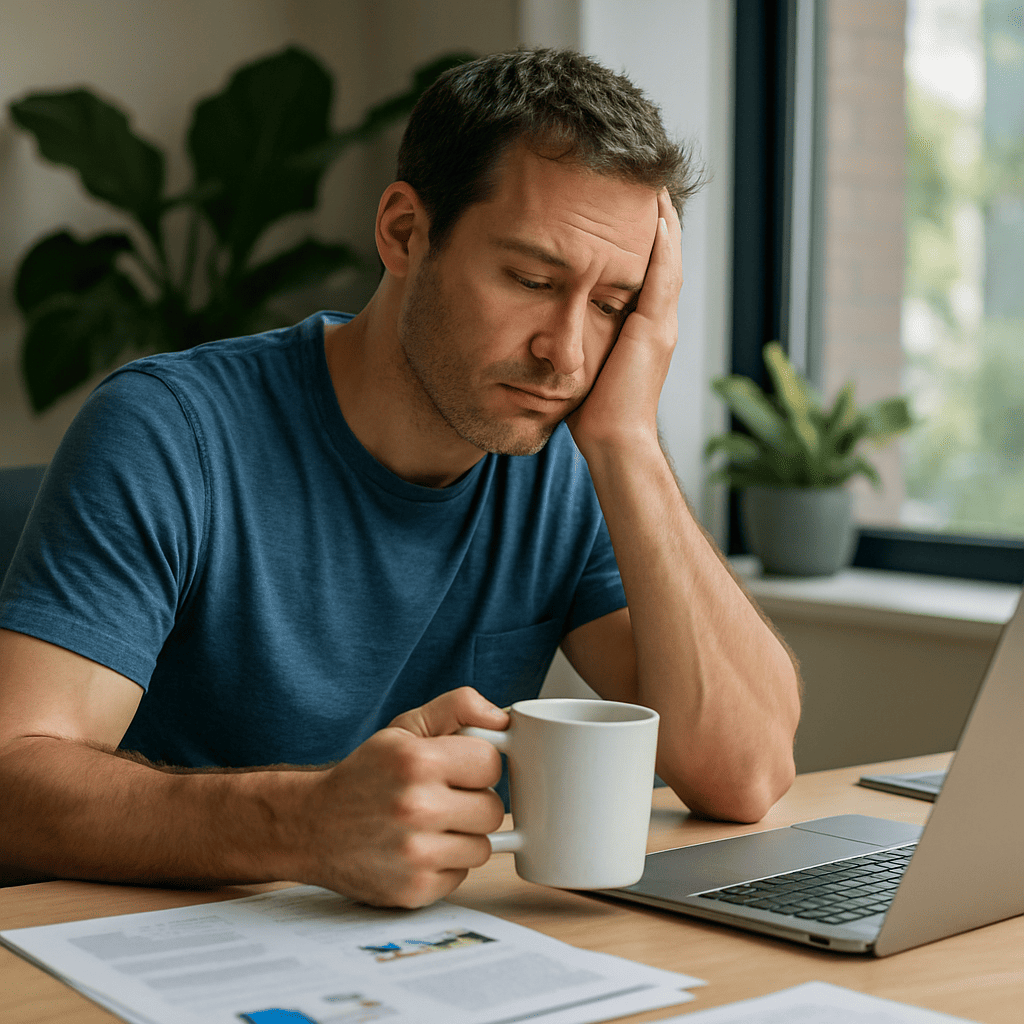 A tired man holding a cup of coffee